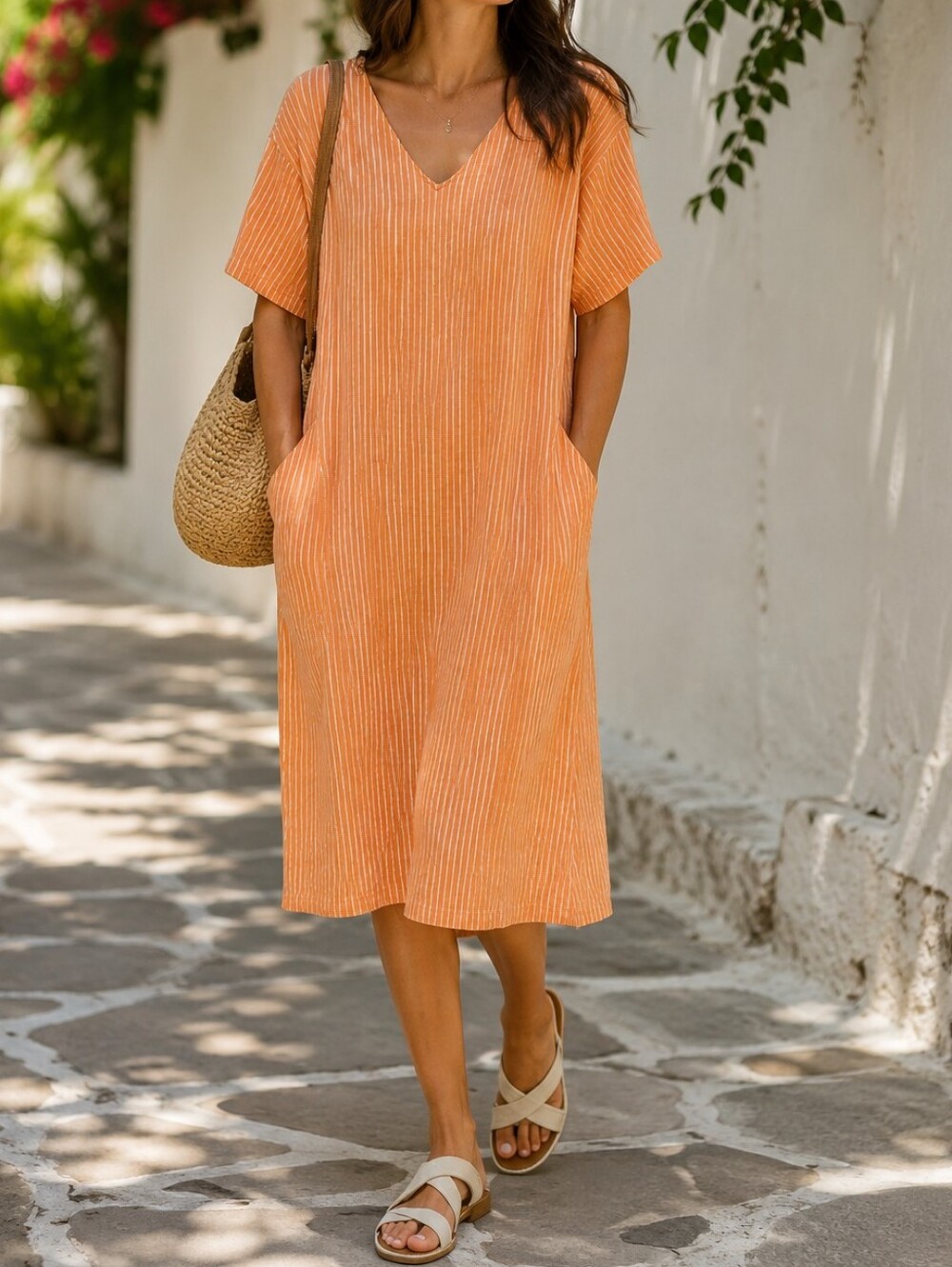 Marimekko x Uniqlo Orange White Stripe Cotton Dress Oversized V-Neck Shift Tunic